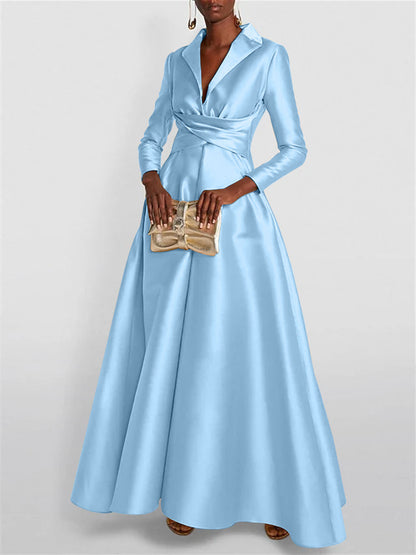 A-Line Long Sleeves V-Neck Floor-length Evening Dresses