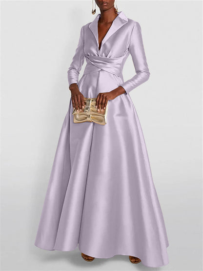 A-Line Long Sleeves V-Neck Floor-length Evening Dresses