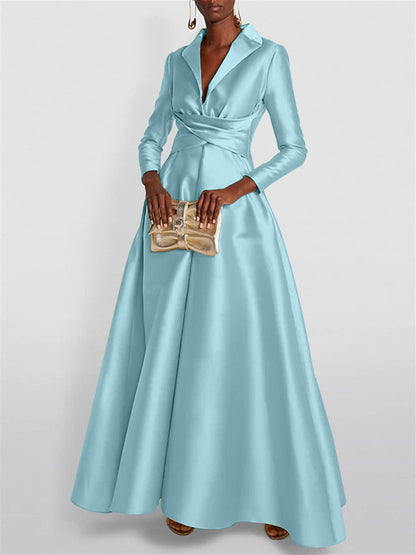 A-Line Long Sleeves V-Neck Floor-length Evening Dresses