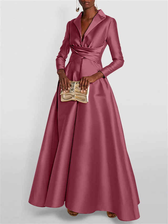 A-Line Long Sleeves V-Neck Floor-length Evening Dresses