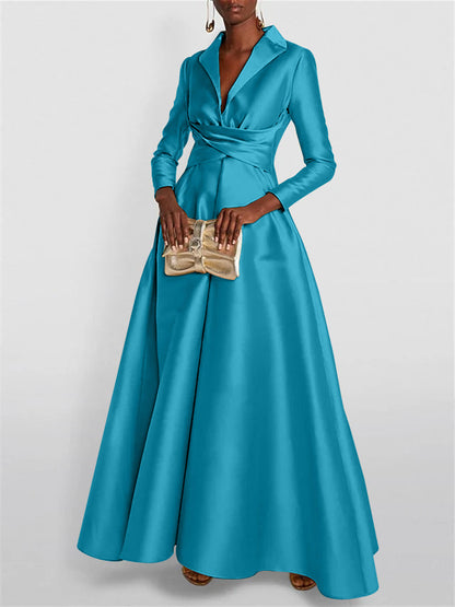 A-Line Long Sleeves V-Neck Floor-length Evening Dresses