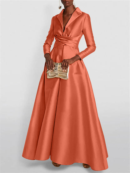 A-Line Long Sleeves V-Neck Floor-length Evening Dresses