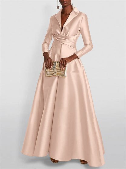 A-Line Long Sleeves V-Neck Floor-length Evening Dresses