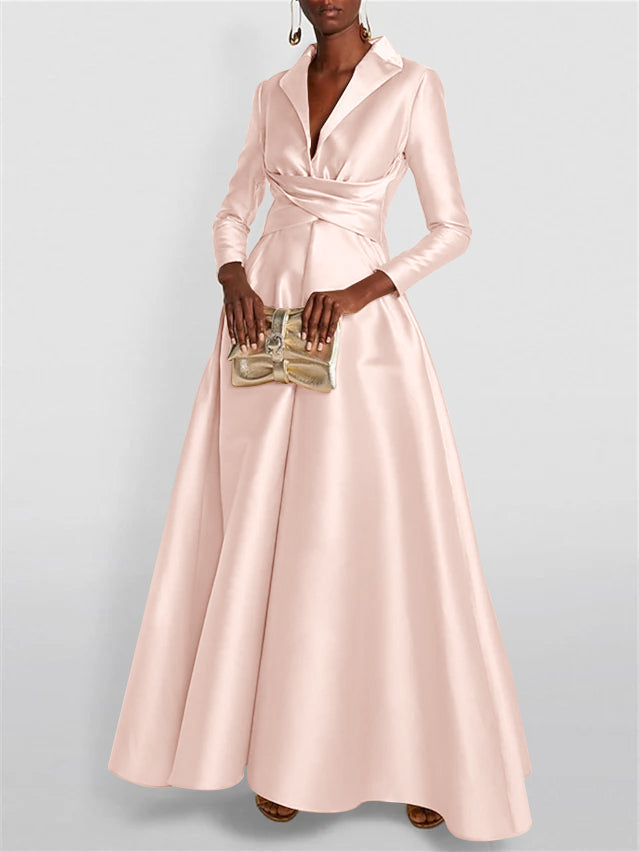 A-Line Long Sleeves V-Neck Floor-length Evening Dresses