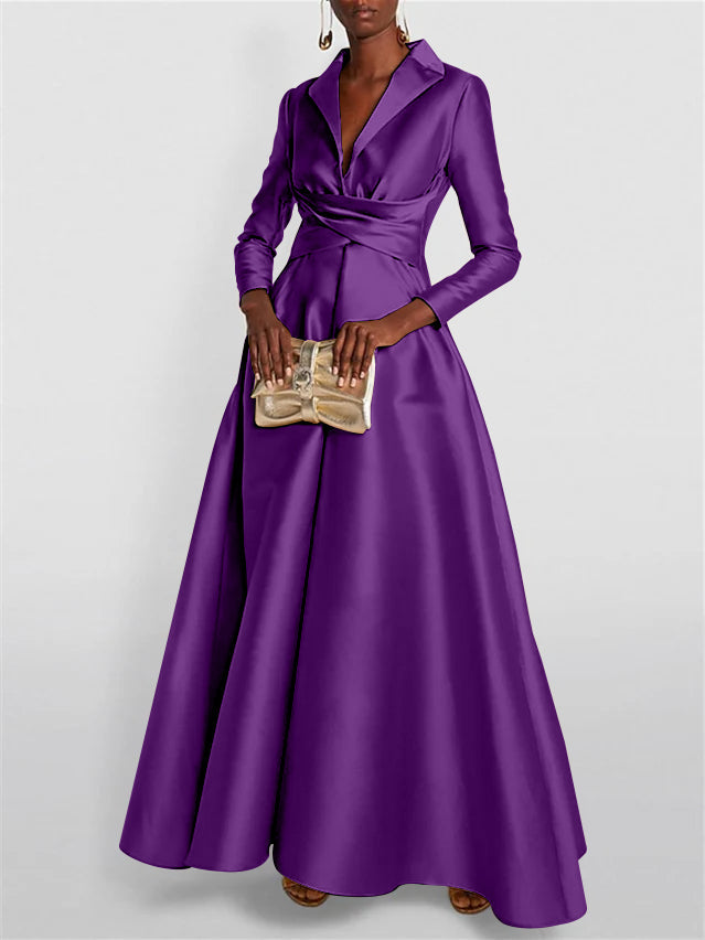 A-Line Long Sleeves V-Neck Floor-length Evening Dresses