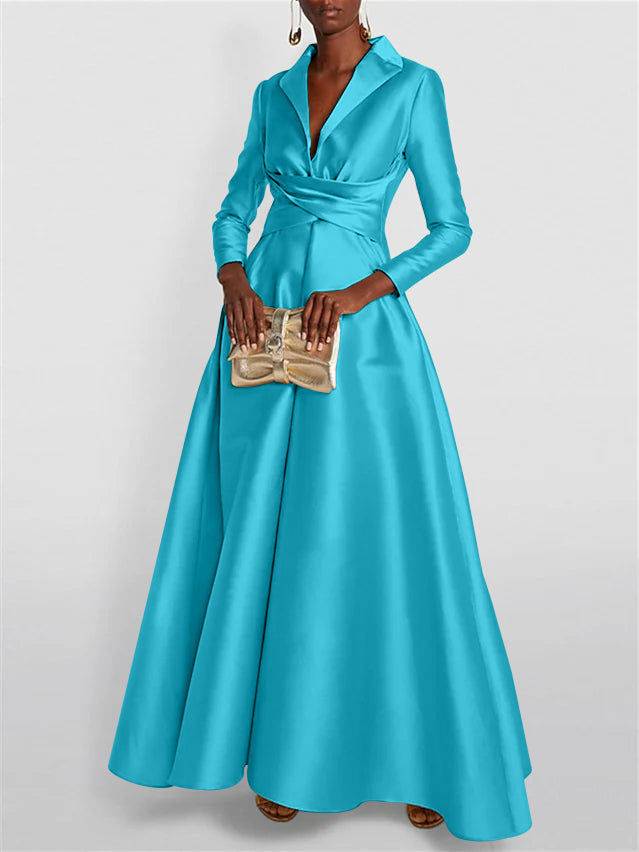 A-Line Long Sleeves V-Neck Floor-length Evening Dresses