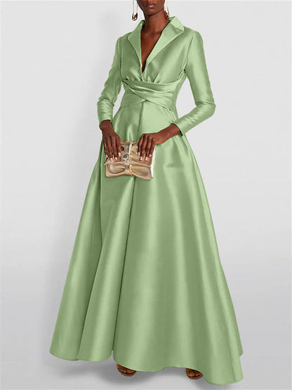 A-Line Long Sleeves V-Neck Floor-length Evening Dresses