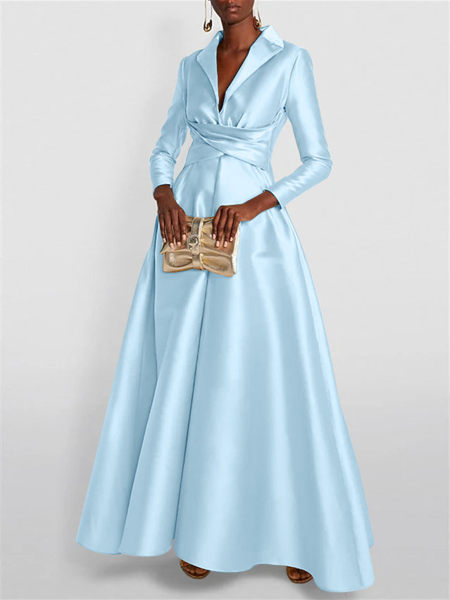 A-Line Long Sleeves V-Neck Floor-length Evening Dresses