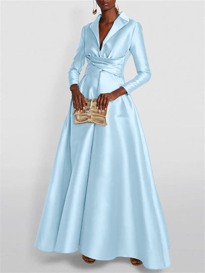 A-Line Long Sleeves V-Neck Floor-length Evening Dresses