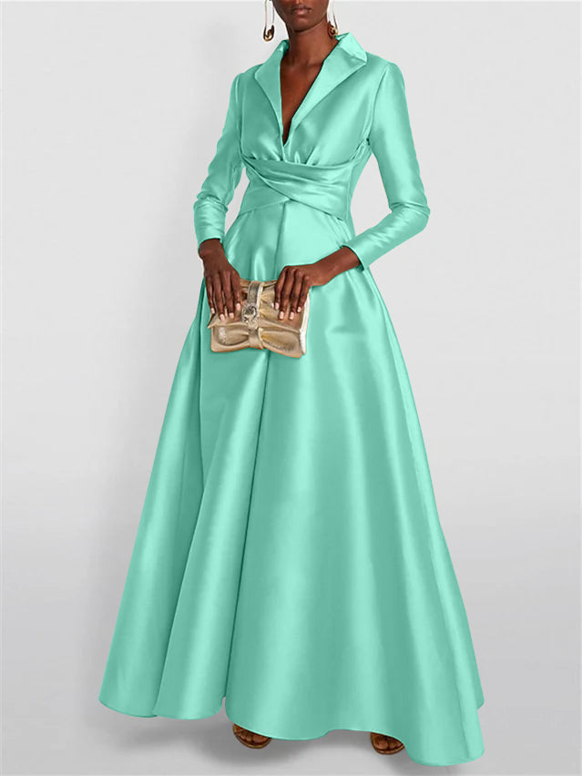 A-Line Long Sleeves V-Neck Floor-length Evening Dresses