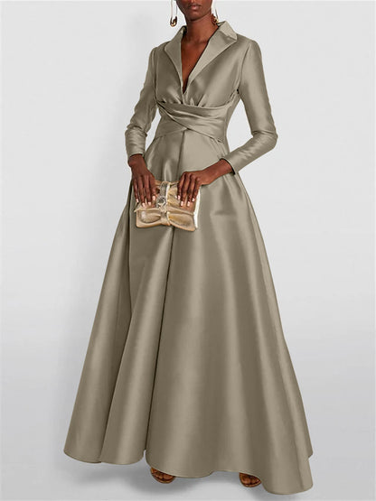 A-Line Long Sleeves V-Neck Floor-length Evening Dresses