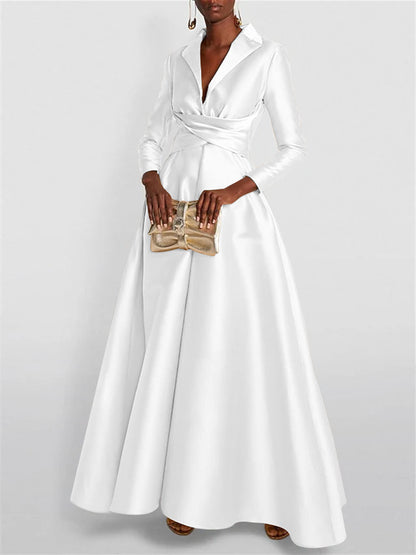 A-Line Long Sleeves V-Neck Floor-length Evening Dresses