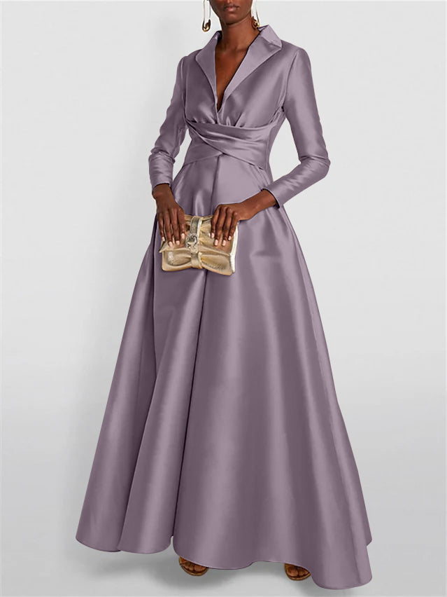 A-Line Long Sleeves V-Neck Floor-length Evening Dresses