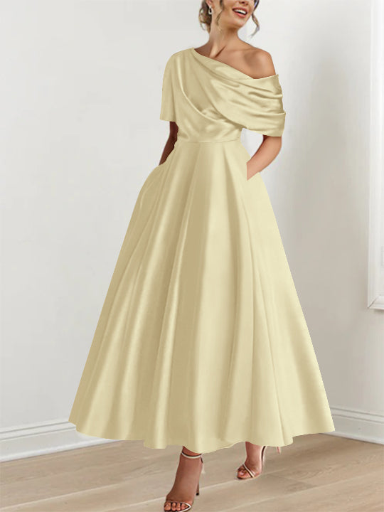 A-Line One-shoulder Half Sleeve Ankle-Length Mother of the Bride Dress
