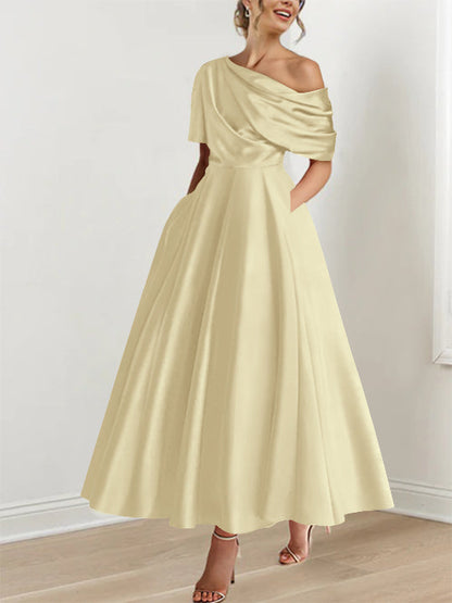 A-Line One-shoulder Half Sleeve Ankle-Length Mother of the Bride Dress