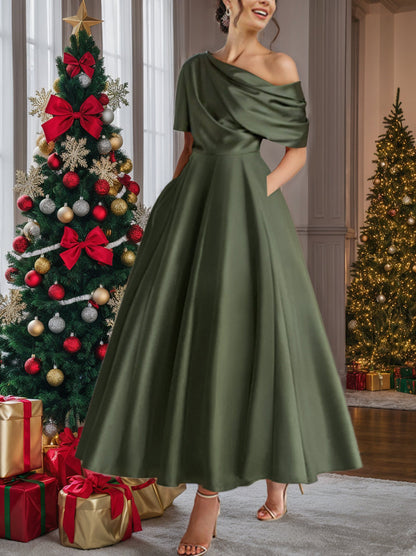A-Line One-shoulder Half Sleeve Ankle-Length Mother of the Bride Dress