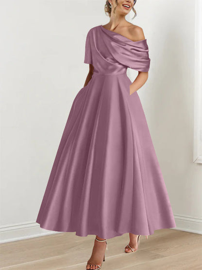 A-Line One-shoulder Half Sleeve Ankle-Length Mother of the Bride Dress