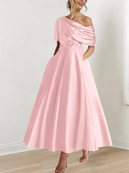 A-Line One-shoulder Half Sleeve Ankle-Length Mother of the Bride Dress