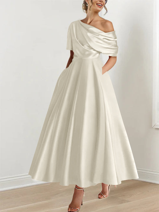 A-Line One-shoulder Half Sleeve Ankle-Length Mother of the Bride Dress