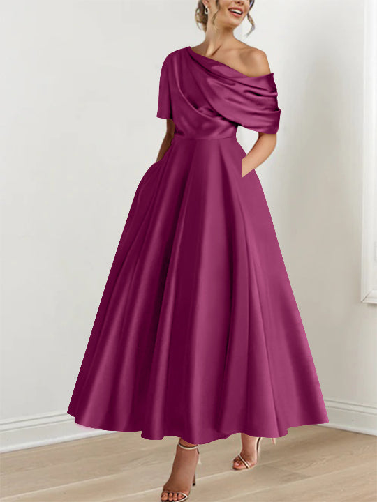 A-Line One-shoulder Half Sleeve Ankle-Length Mother of the Bride Dress