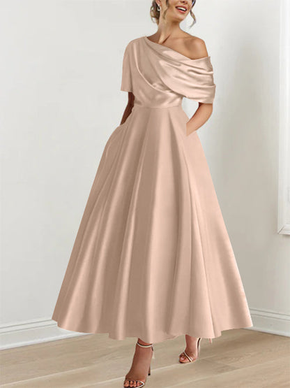 A-Line One-shoulder Half Sleeve Ankle-Length Mother of the Bride Dress
