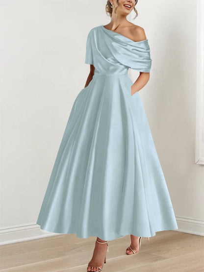 A-Line One-shoulder Half Sleeve Ankle-Length Mother of the Bride Dress