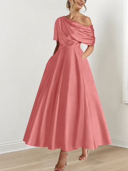 A-Line One-shoulder Half Sleeve Ankle-Length Mother of the Bride Dress