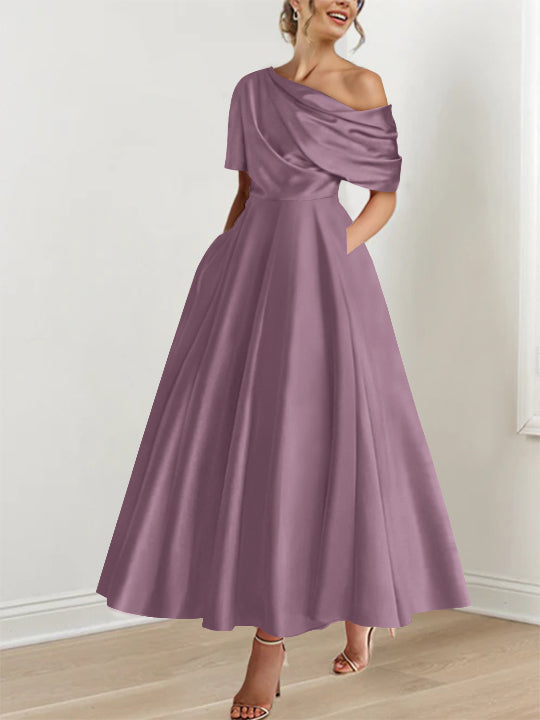 A-Line One-shoulder Half Sleeve Ankle-Length Mother of the Bride Dress