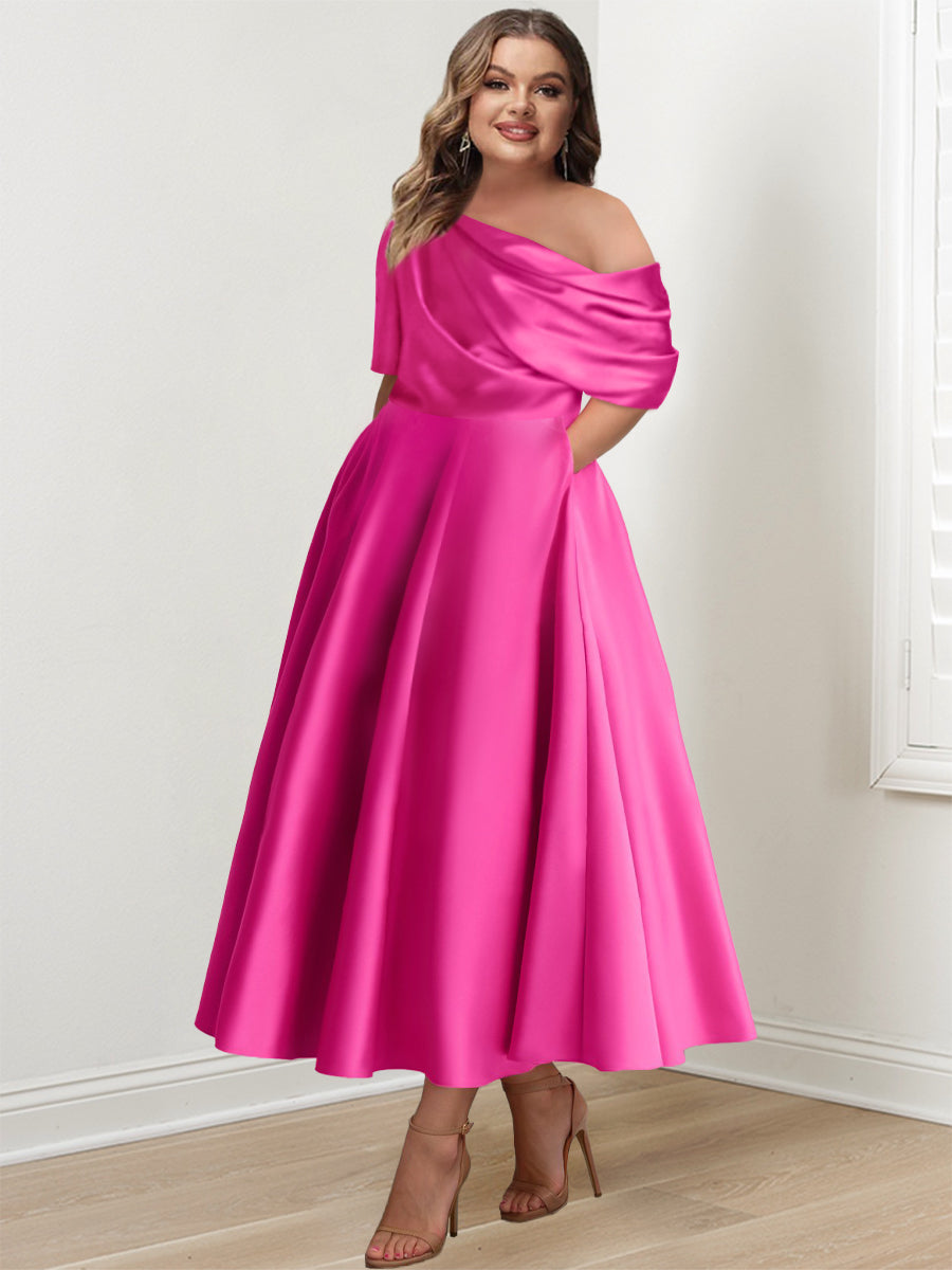 A-Line One-shoulder Half Sleeve Ankle-Length Mother of the Bride Dress