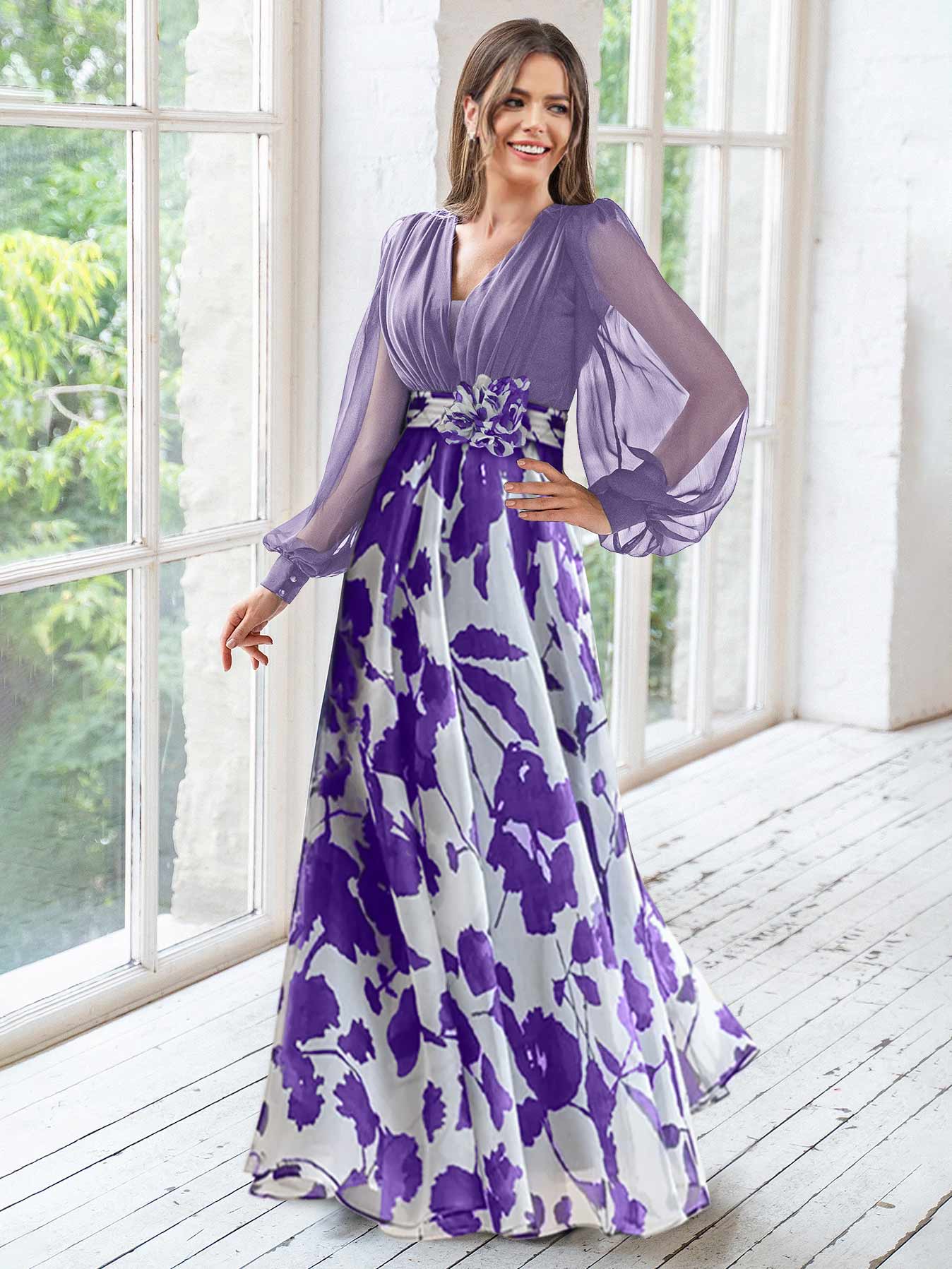 A Line V-Neck Long Sleeves Floor Length Floral Mother of the Bride Dress