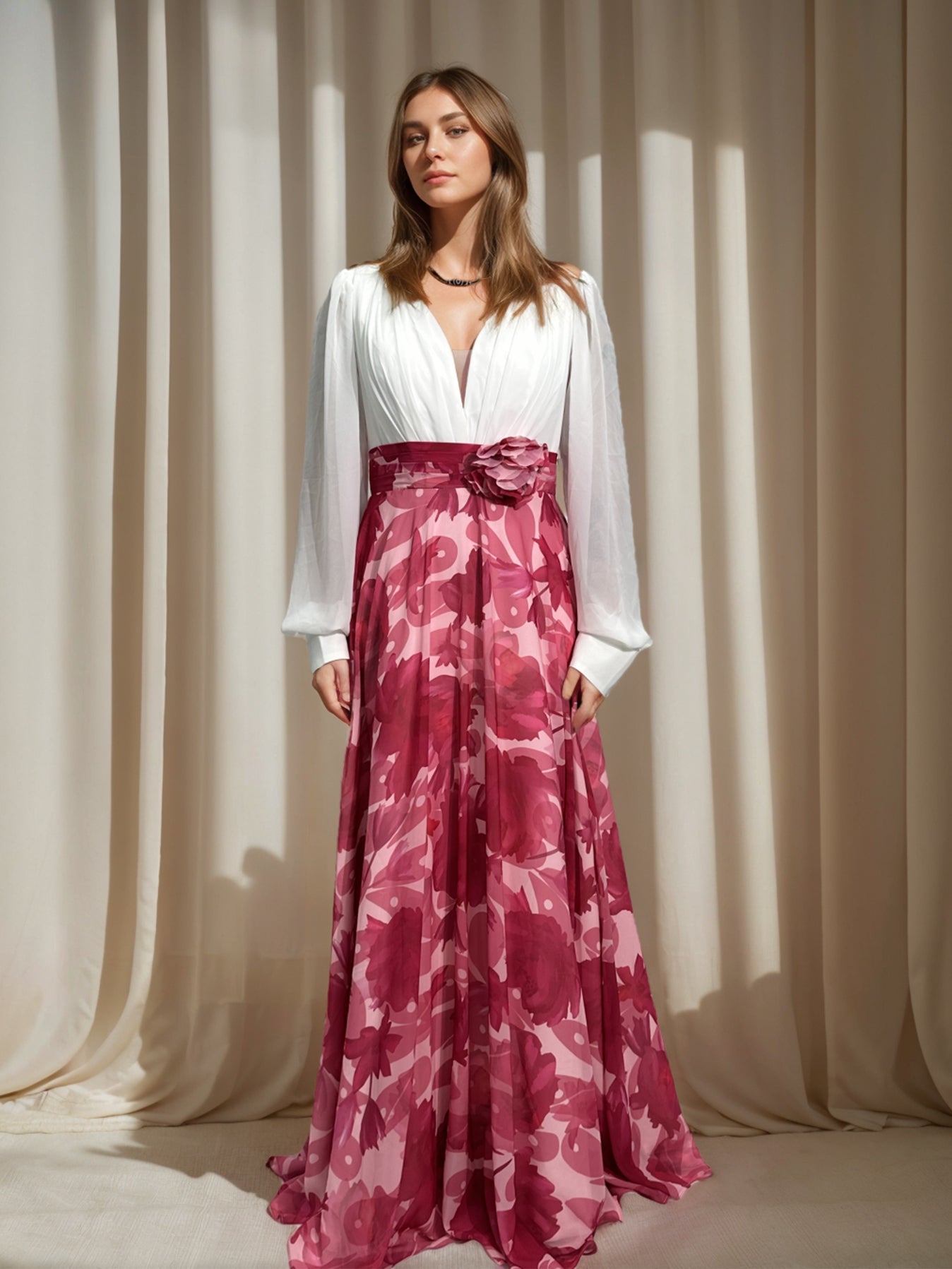 A Line V-Neck Long Sleeves Floor Length Floral Mother of the Bride Dress