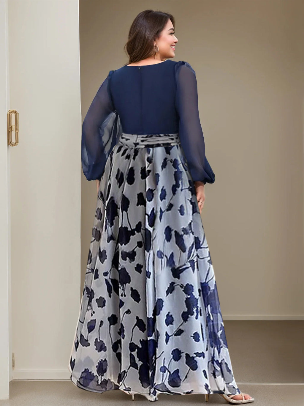 A Line V-Neck Long Sleeves Floor Length Floral Mother of the Bride Dress