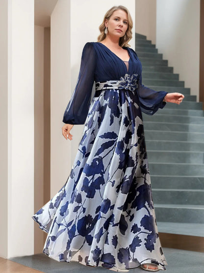 A Line V-Neck Long Sleeves Floor Length Floral Mother of the Bride Dress