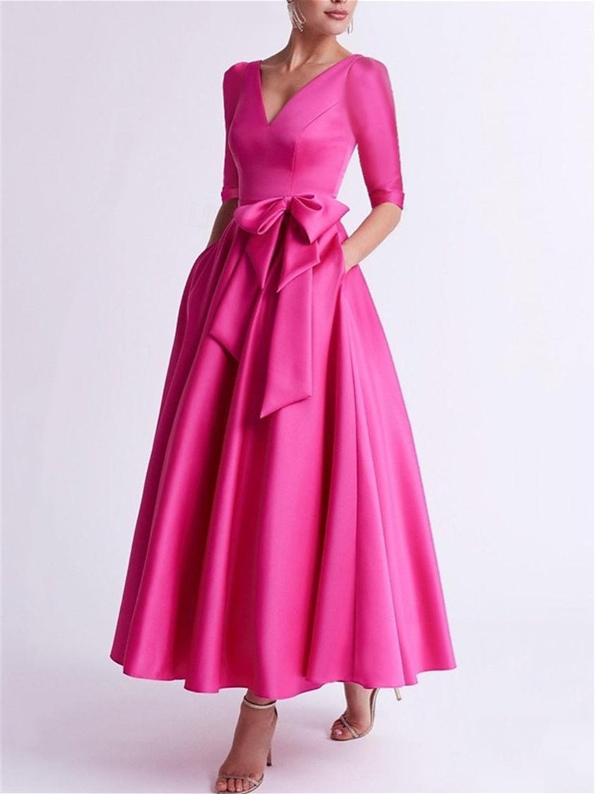 Princess V Neck 3/4 Length Sleeve Tea Length Satin Mother of the Bride Dress