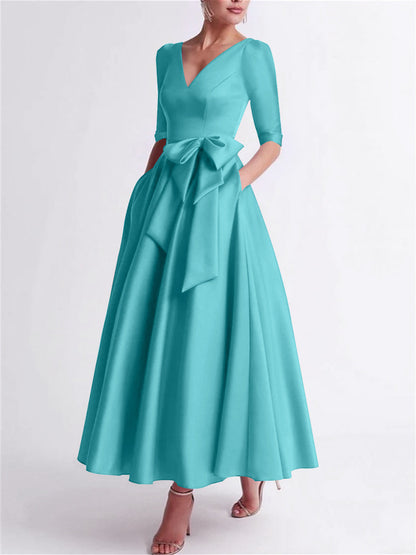 Princess V Neck 3/4 Length Sleeve Tea Length Satin Mother of the Bride Dress