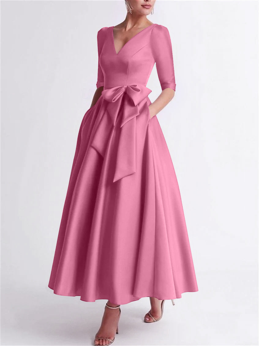 Princess V Neck 3/4 Length Sleeve Tea Length Satin Mother of the Bride Dress