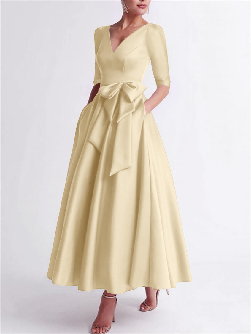Princess V Neck 3/4 Length Sleeve Tea Length Satin Mother of the Bride Dress