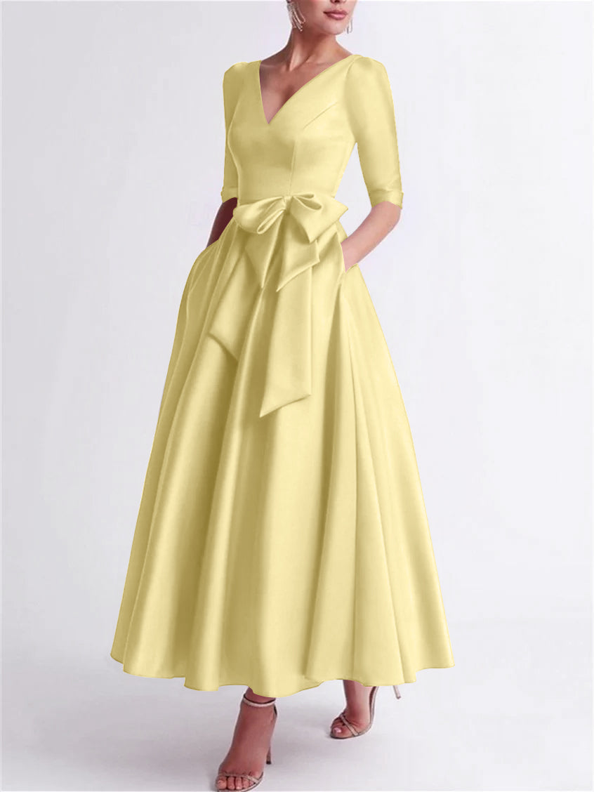 Princess V Neck 3/4 Length Sleeve Tea Length Satin Mother of the Bride Dress