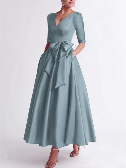 Princess V Neck 3/4 Length Sleeve Tea Length Satin Mother of the Bride Dress