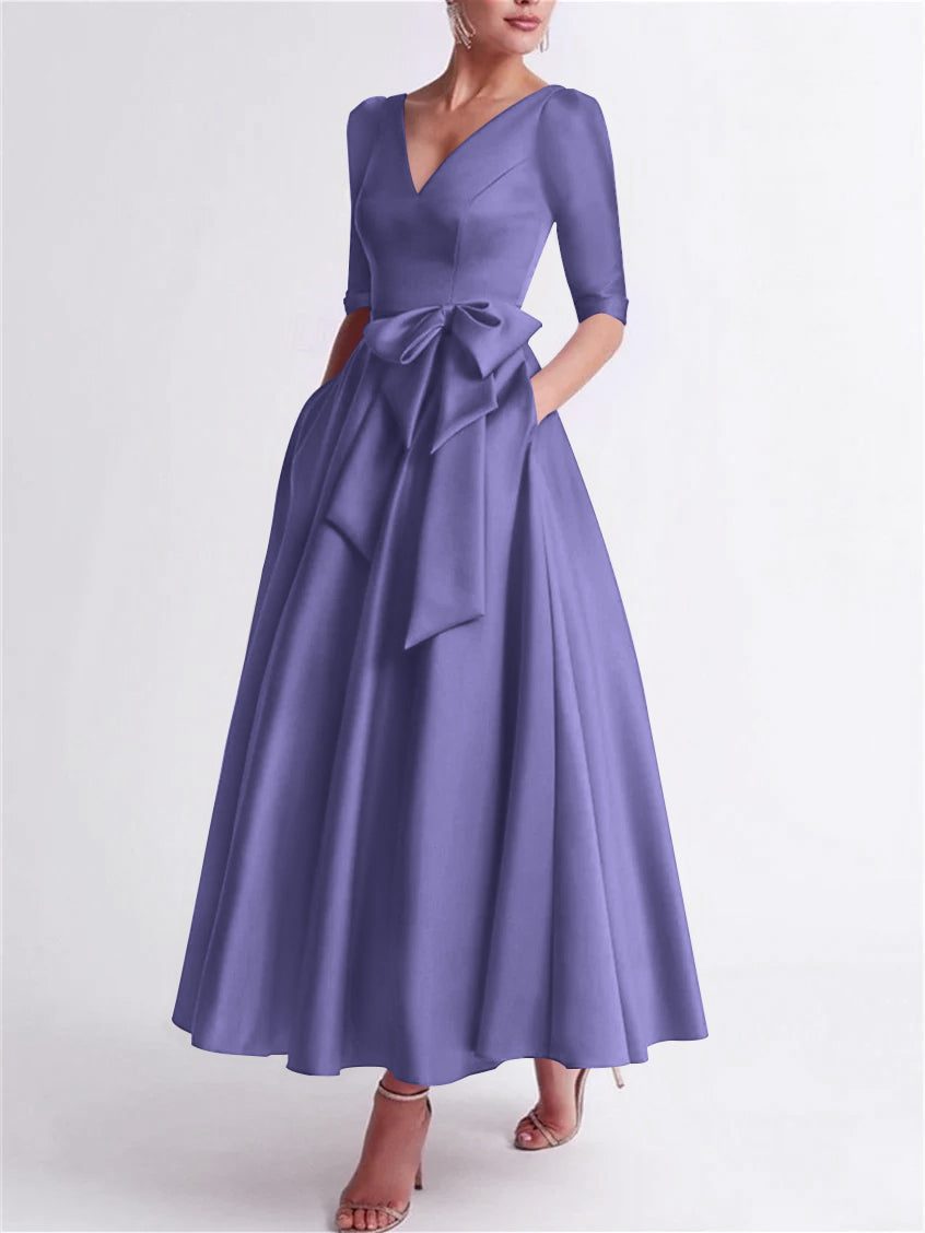 Princess V Neck 3/4 Length Sleeve Tea Length Satin Mother of the Bride Dress