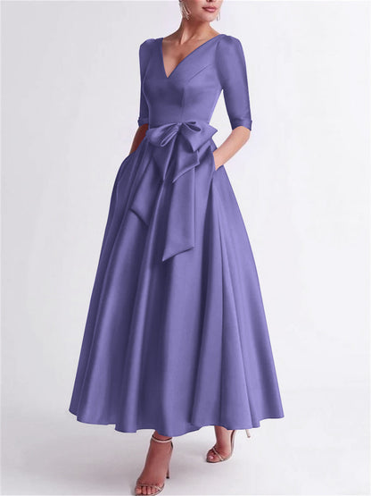 Princess V Neck 3/4 Length Sleeve Tea Length Satin Mother of the Bride Dress