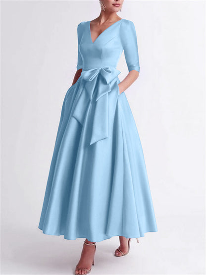 Princess V Neck 3/4 Length Sleeve Tea Length Satin Mother of the Bride Dress