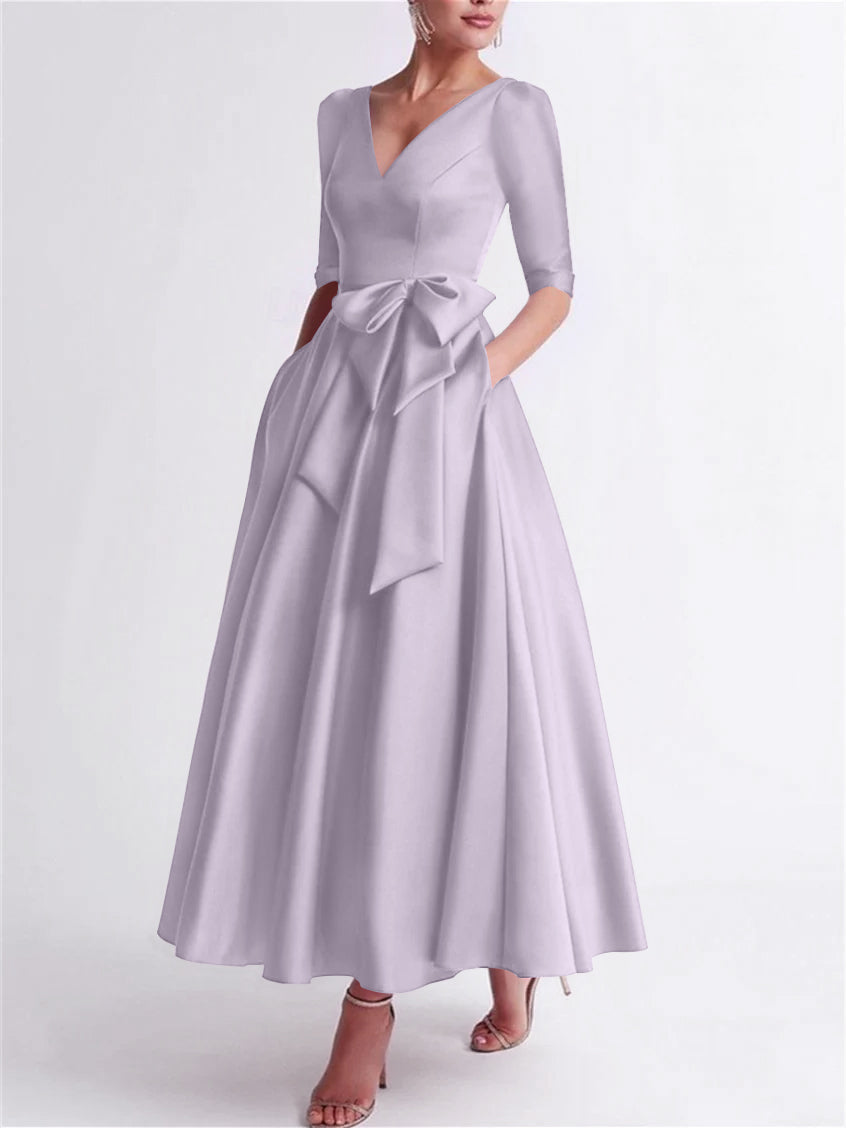 Princess V Neck 3/4 Length Sleeve Tea Length Satin Mother of the Bride Dress