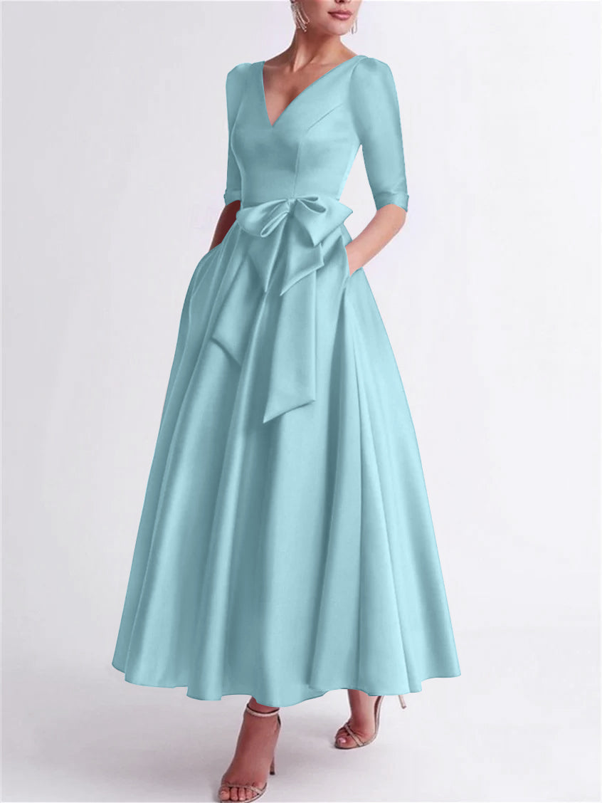 Princess V Neck 3/4 Length Sleeve Tea Length Satin Mother of the Bride Dress