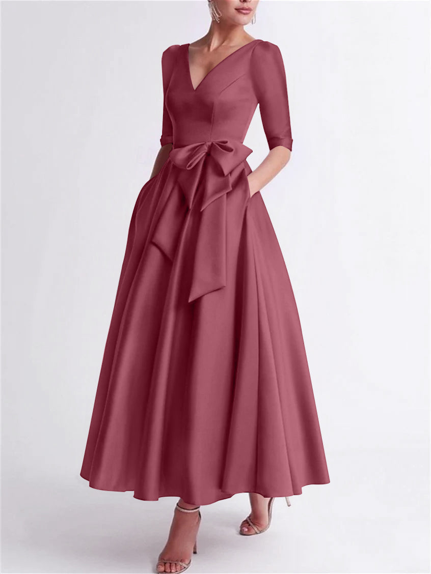 Princess V Neck 3/4 Length Sleeve Tea Length Satin Mother of the Bride Dress