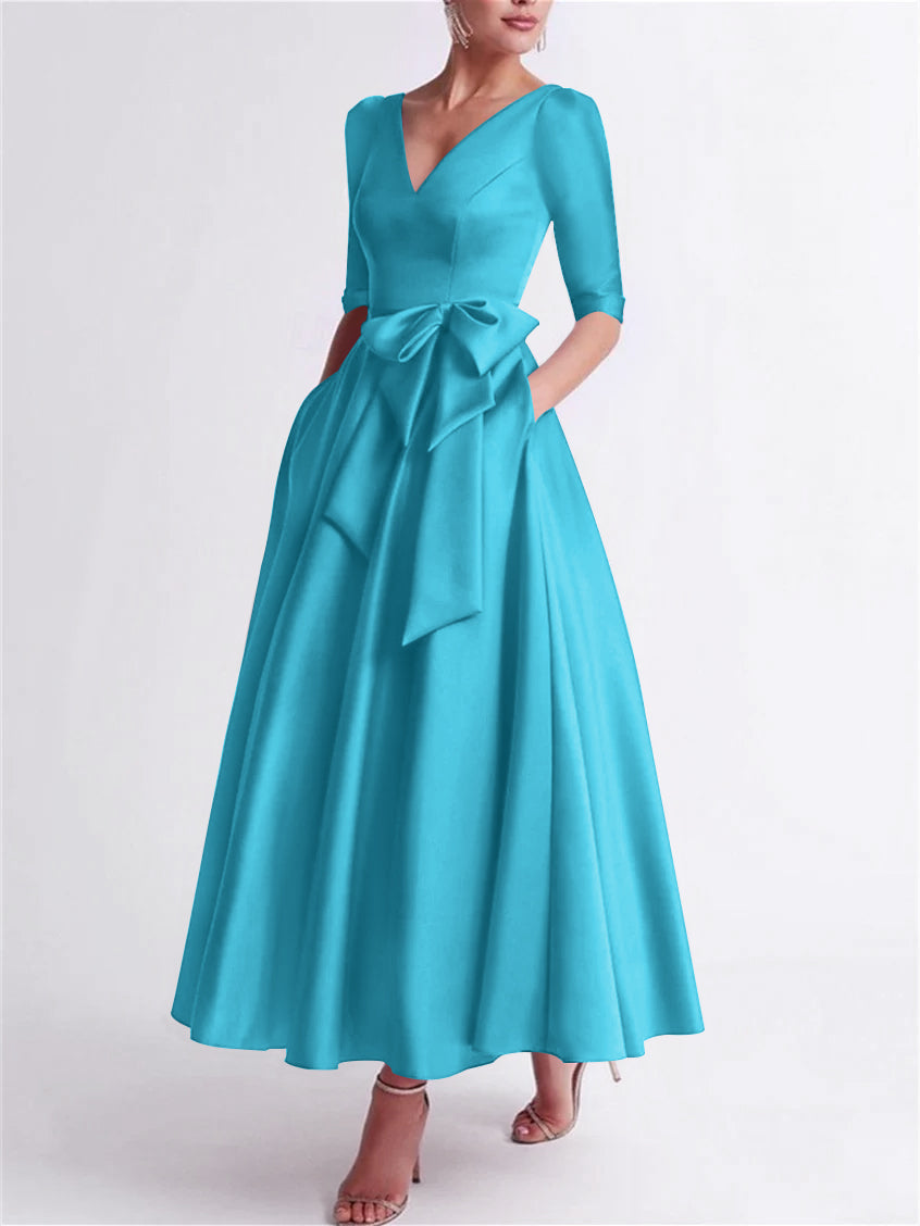 Princess V Neck 3/4 Length Sleeve Tea Length Satin Mother of the Bride Dress