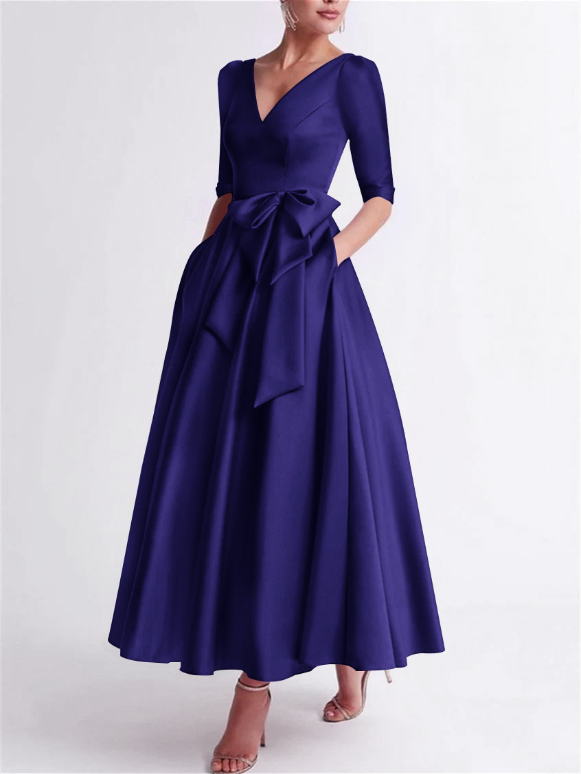 Princess V Neck 3/4 Length Sleeve Tea Length Satin Mother of the Bride Dress