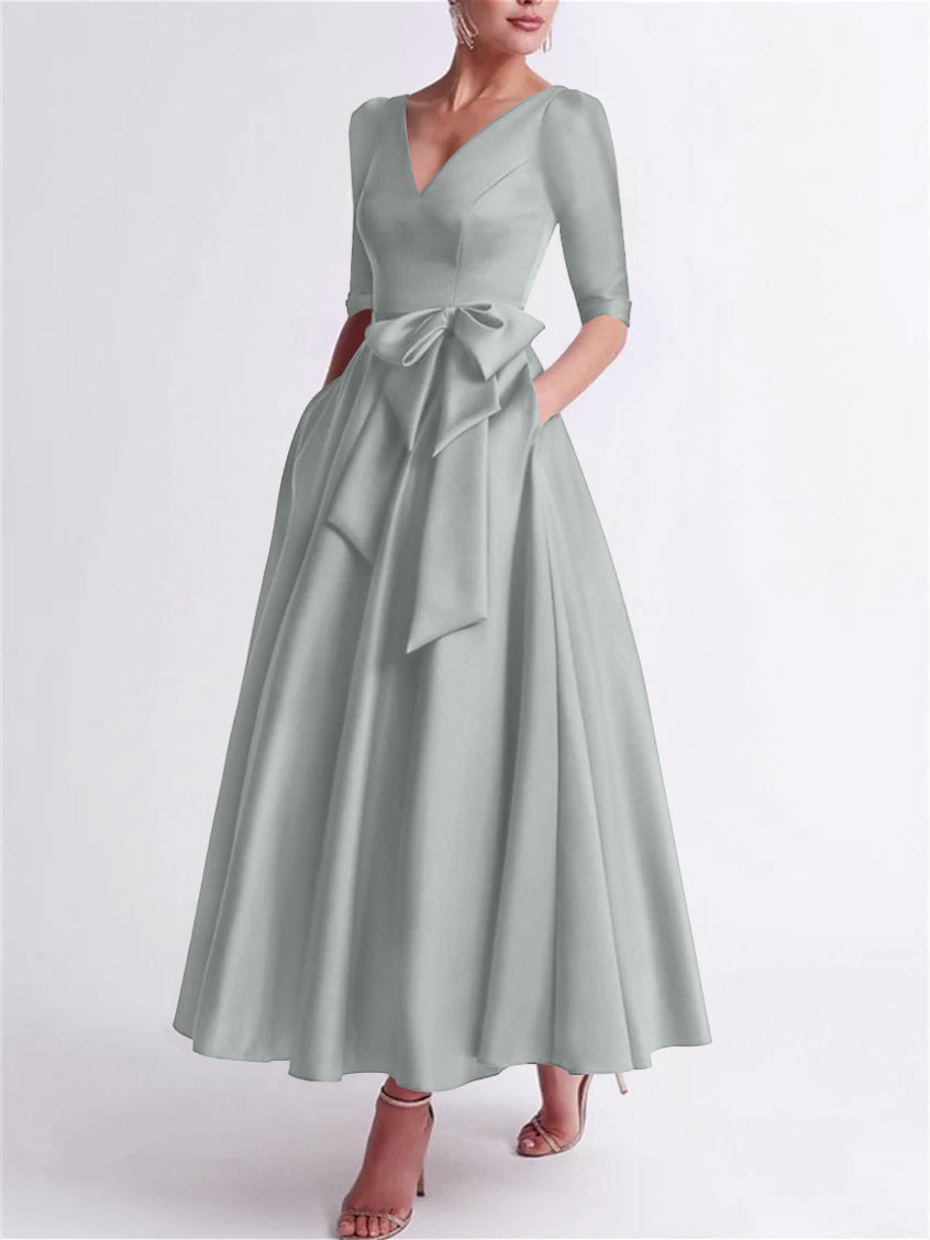 Princess V Neck 3/4 Length Sleeve Tea Length Satin Mother of the Bride Dress