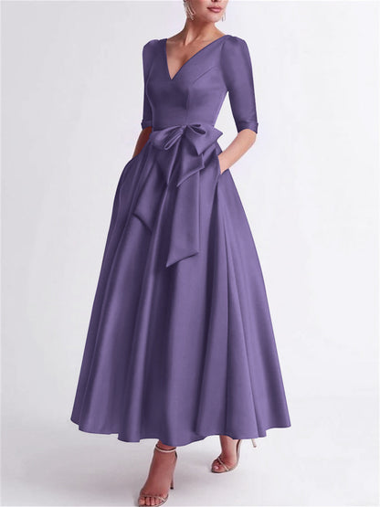 Princess V Neck 3/4 Length Sleeve Tea Length Satin Mother of the Bride Dress