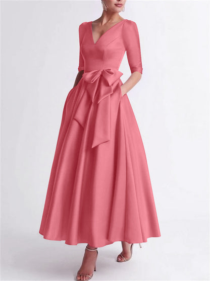 Princess V Neck 3/4 Length Sleeve Tea Length Satin Mother of the Bride Dress